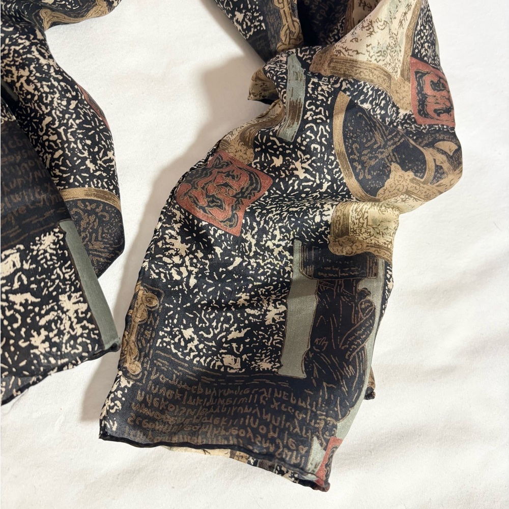 Vintage Black and Brown Artistic silk Scarf - Picture 2 of 5